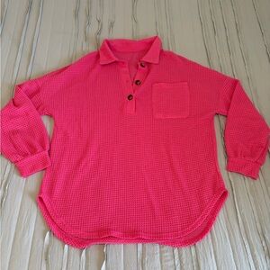Hot Pink Waffle Knit Quarter Button Sweater | Size M